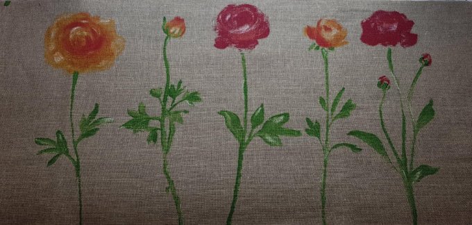 Coupon de tissu 100 % lin imprimé peint coquelicot  28 X 150cm  