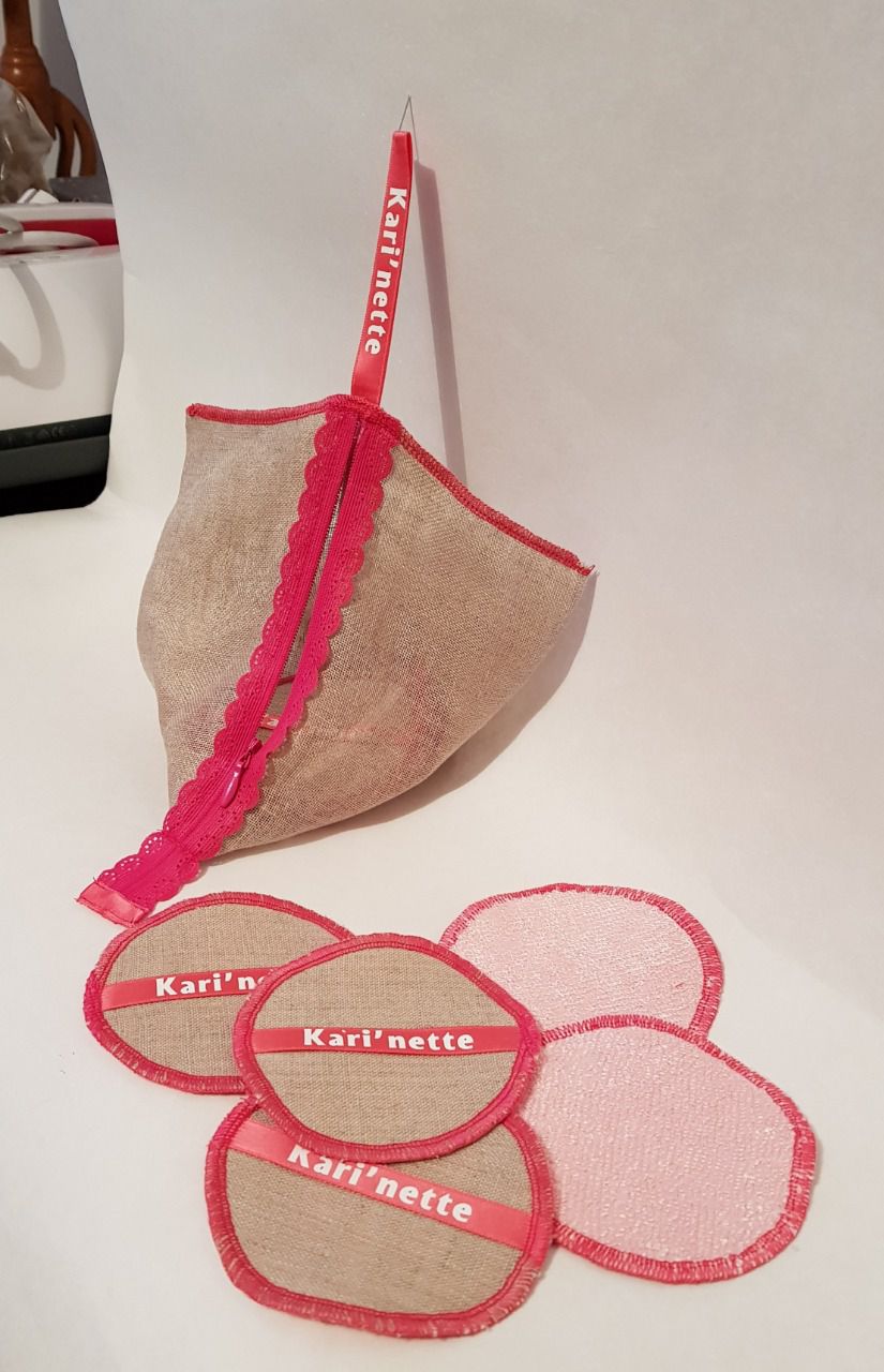 Kari'nette disque pour le démaquillage en lin et éponge de bambou lavable avec son petit sac 