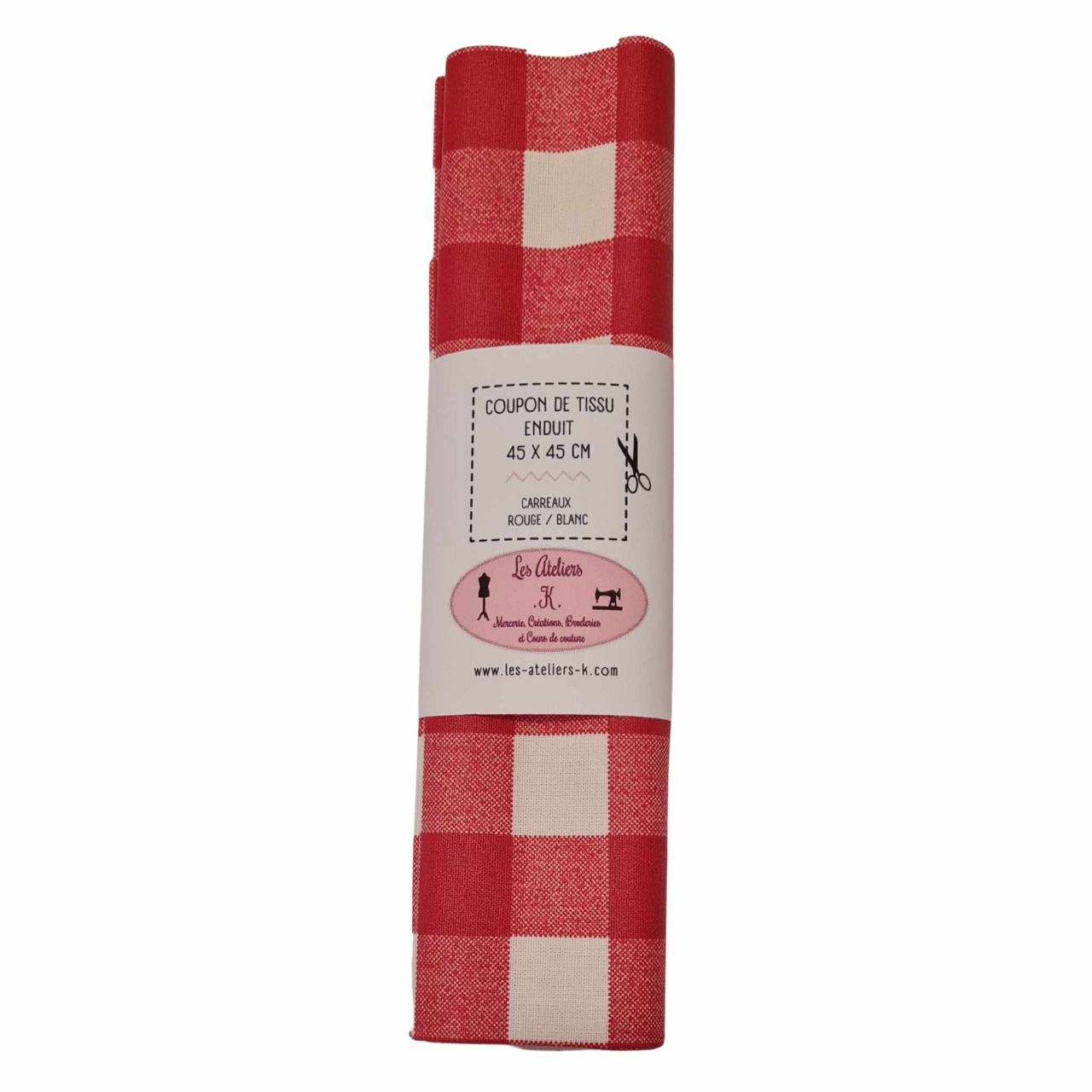 Coupon de tissu en coton enduit carreaux écru / rouge