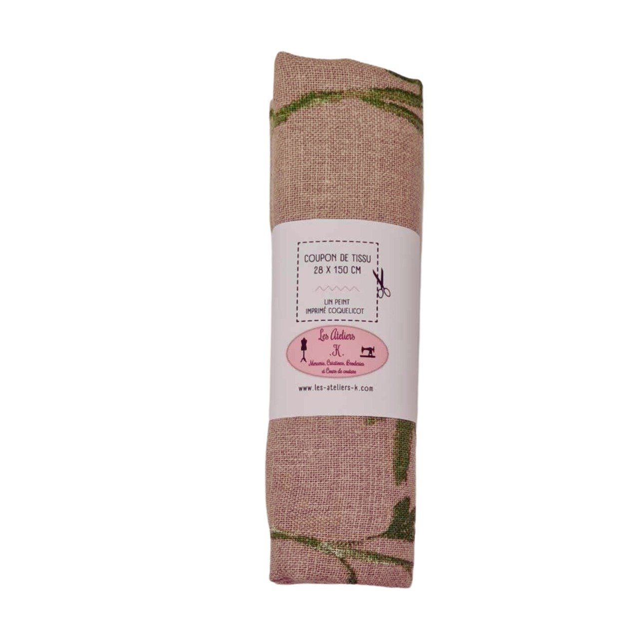 Coupon de tissu 100 % lin imprimé peint coquelicot  28 X 150cm  