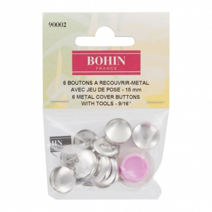  6 Boutons à recouvrir 15mm en métal avec jeu de pose Bohin 