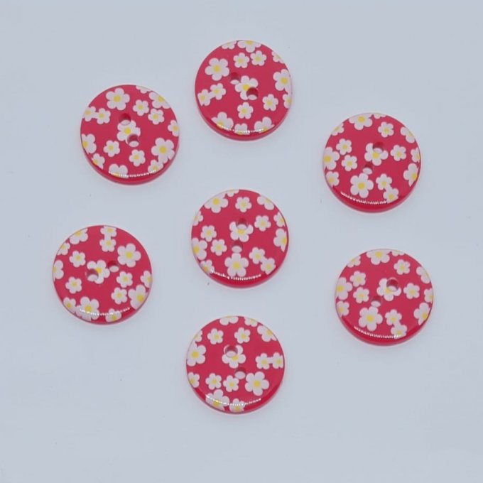 Boutons rond 18mm en acrylique  rose fuchsia fleuri