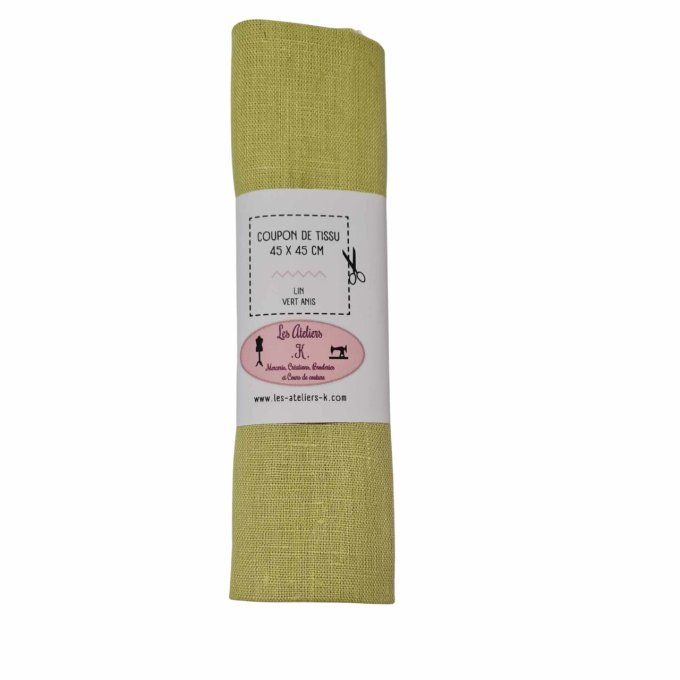Coupon de tissu 100 % lin vert anis  45 X 45 cm   
