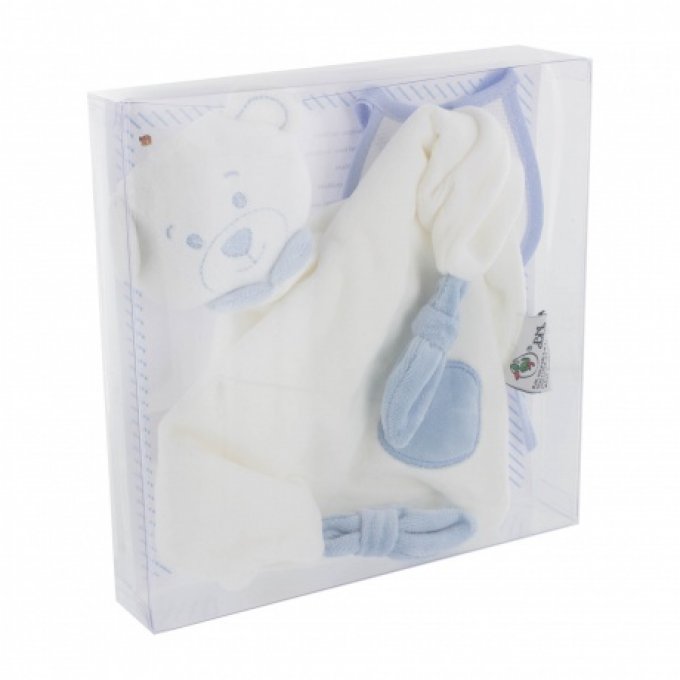 Doudou Ours cœur bleu avec un bavoir à broder en toile aida 
