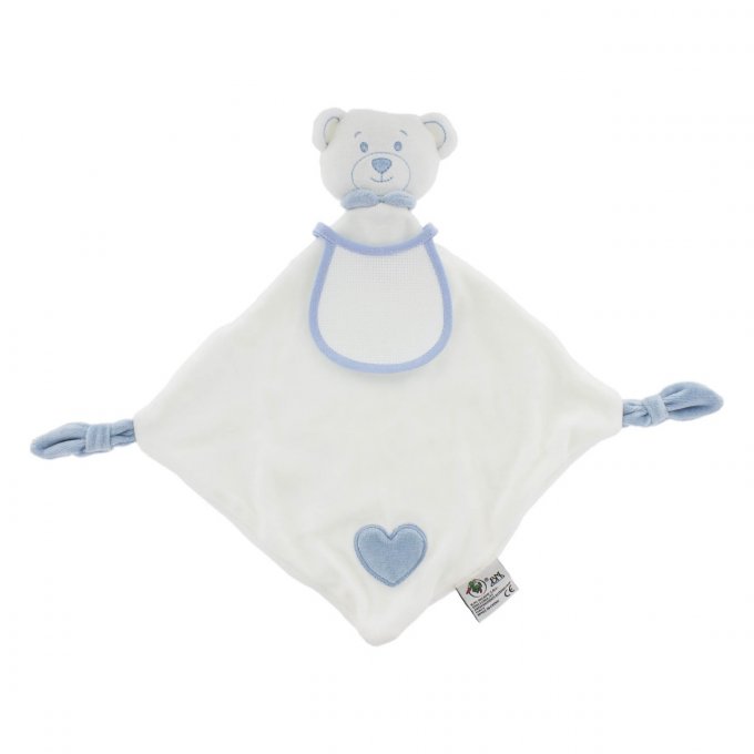 Doudou Ours cœur bleu avec un bavoir à broder en toile aida 