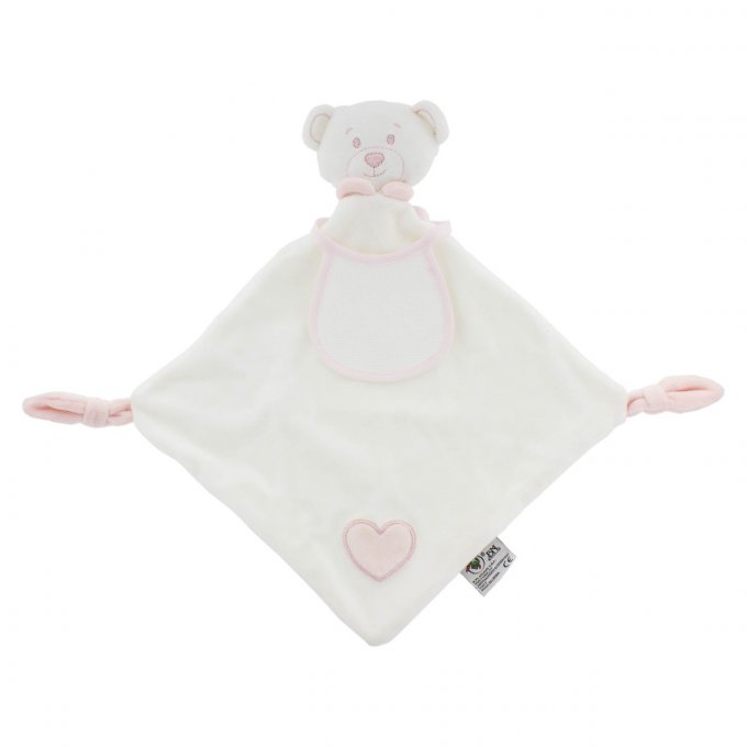 Doudou Ours cœur rose avec un bavoir à broder en toile aida 