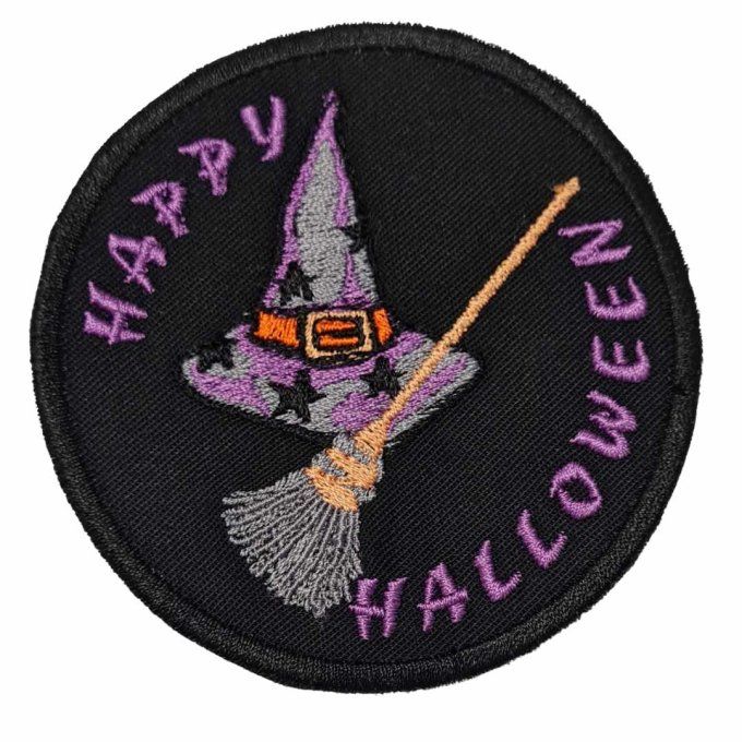 Ecusson Happy Halloween chapeau et balai de sorcière 